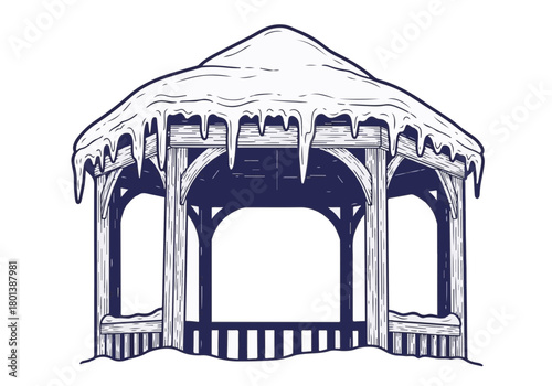 Winter gazebo covered in snow with icicles hanging from the roof, showcasing rustic wooden structure and serene winter atmosphere, perfect for seasonal decor