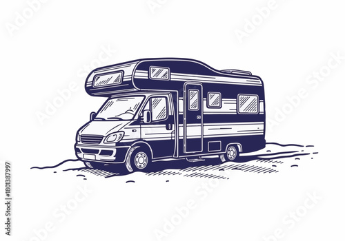 Winter-themed sketch of a recreational vehicle parked on a snowy landscape, showcasing the cozy and adventurous spirit of winter travel and exploration