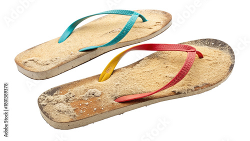 A pair of worn flipflops covered in sand, isolated on transparent background