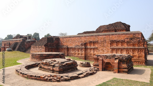 India, Bihar, Rajgir, View of Ancient Ruins of Worlds Oldest Nalanda University, The Red Brick Monuments With Ruin Buddha Vihara's Around Campus.
