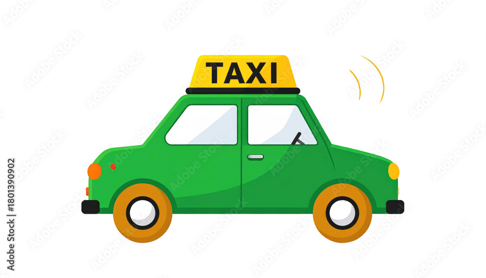 Naklejka premium A vibrant cartoon illustration depicts a green taxi cab with a yellow roof sign. The sign reads 