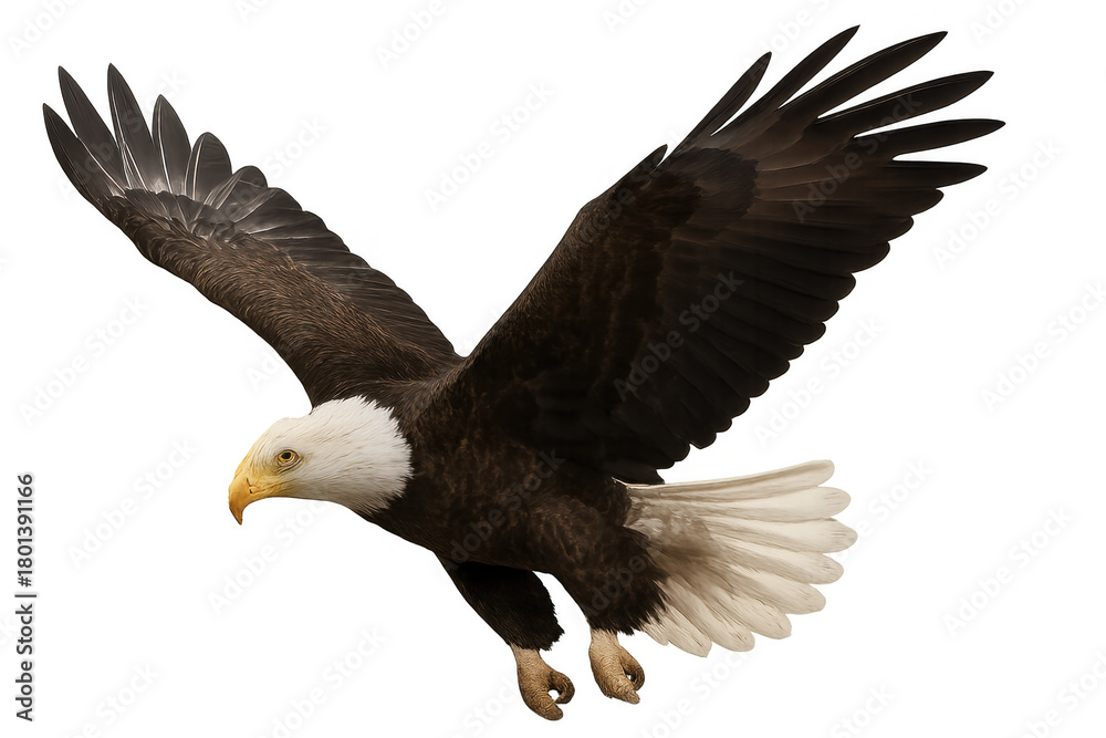 Obraz premium Bald eagle flying with wings open, symbolizing freedom, power, and nature, against a transparent background