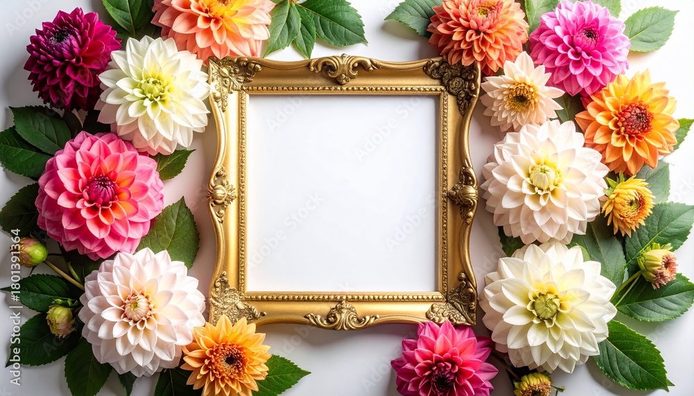 Fototapeta premium Floral Frame Displaying Various Colorful Dahlias with Blank Space for Text or Art Work