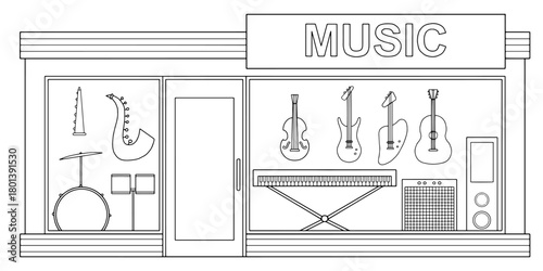 Music store building graphic black white sketch isolated illustration vector