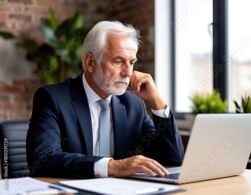 A gray-haired elderly man is focused on working on a laptop. The manager is making a financial report