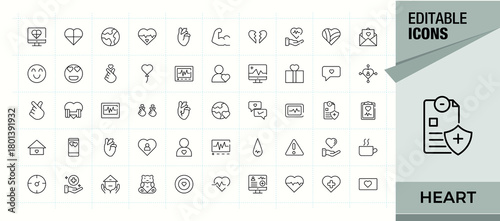 Heart line icon set. Vector outline icons collection. Contain linear symbols care, lover, emotion, heartbeat, love symbols, heart. Vector illustration. Pixel perfect. Love Symbols icon set.