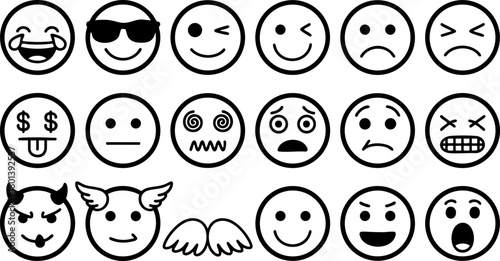 Emoticon Faces Vector Icon Set Isolated on White Background – Cute Expression Symbols, Emoji Collection for Chat, Communication, and Graphic Design