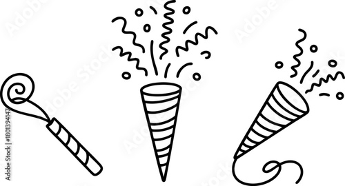 Party Popper and Celebration Icons Isolated on White Background – Festive Vector Line Art, Confetti, Event Decoration, and Party Symbol Illustration