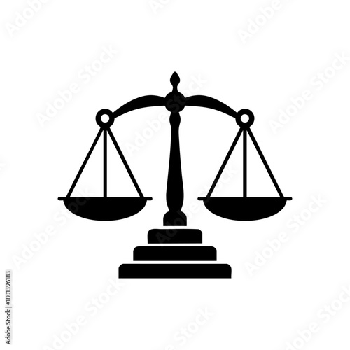 Black balance scale icon symbolizing justice, equality, impartiality, and law. Minimalistic vector silhouette for legal, court, and ethics concepts.