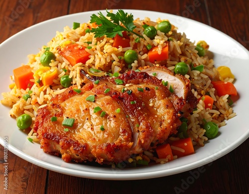 Delicious chicken fried rice dish with vibrant vegetables on a white plate