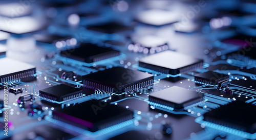 Closeup of a complex circuit board with microchips and electronic components, illuminated by blue light, showcasing technology and innovation