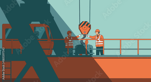 Two diligent industrial professionals ensure safety and efficiency on a busy construction site, managing heavy lifting operations with a prominent crane hook.