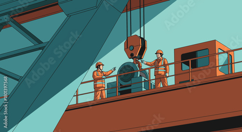 Two construction workers in safety gear meticulously operate a large crane hook on an industrial site, demonstrating teamwork and strict safety protocols.