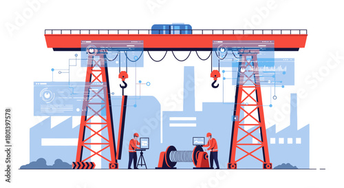 Engineers are working on advanced machinery under a massive gantry crane in a modern smart factory, showcasing industrial automation and technological innovation.