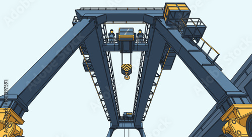 A robust industrial gantry crane, with blue and yellow framework, illustrated from a low-angle perspective, highlighting its crucial heavy lifting function.