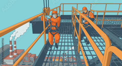 Workers in orange safety suits and helmets traverse a metal grate platform at an industrial factory, highlighting crucial workplace safety and heavy industry.