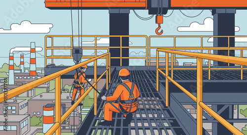 Two diligent industrial workers, equipped with safety gear, perform maintenance on a high platform with an overhead crane in a vast factory complex.