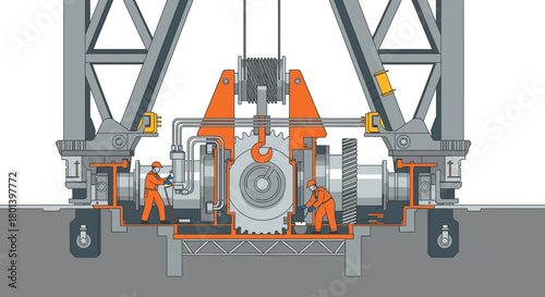 An intricate cross-section illustration reveals the complex internal mechanics of heavy industrial drilling equipment, with skilled workers performing essential maintenance.