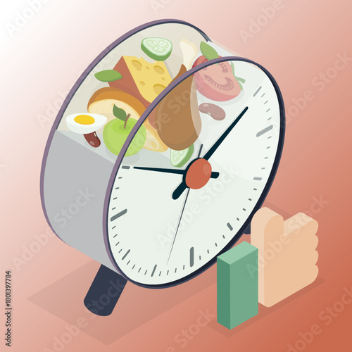 Intermittent fasting with time window for food eating. Healthy diet for weight loss and blood sugar control. Lack of evening meals. Food habit. 3D flat isometric vector illustration.