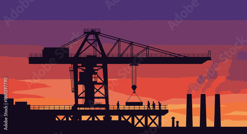 A striking silhouette of a massive industrial crane actively lifting a heavy container at a bustling port or factory during a dramatic colorful sunset.