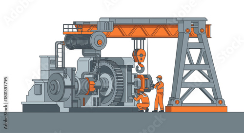 Industrial workers are meticulously assembling or repairing a massive piece of heavy machinery using an overhead crane in a detailed engineering illustration.