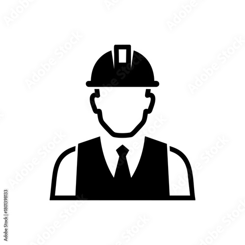 Engineer icon. Worker with hard hat and vest. Construction, builder, and architect symbol. Male profile avatar. Safety and industry. Vector.