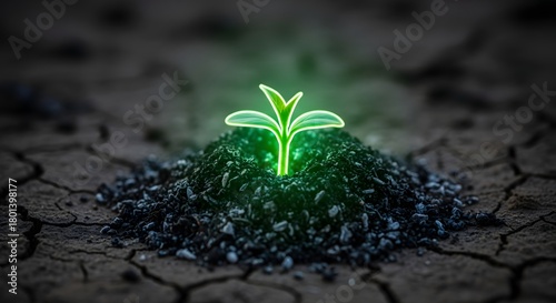 A vibrant green seedling sprouting from dark soil symbolizes growth, renewal, and the beginning of new life in a natural environment