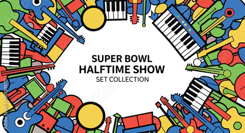 Super Bowl halftime show musical instruments colorful arrangement