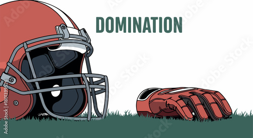 Football helmet and glove on grass field