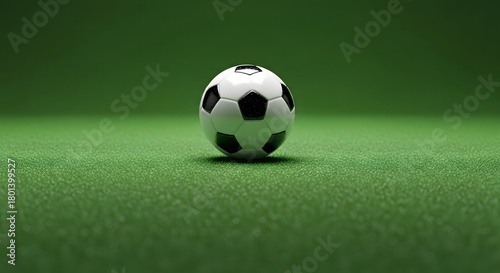 A classic black and white soccer ball resting on a vibrant green grass field under a clear sky