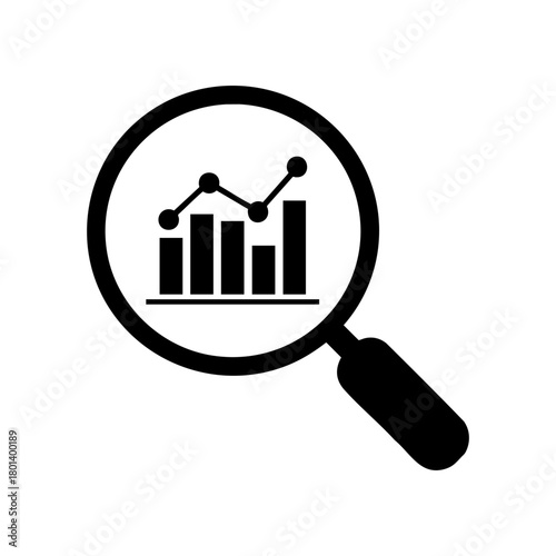Magnifying glass over a bar and line graph. Data analysis, analytics, and business research icon. Statistics or search vector symbol.
