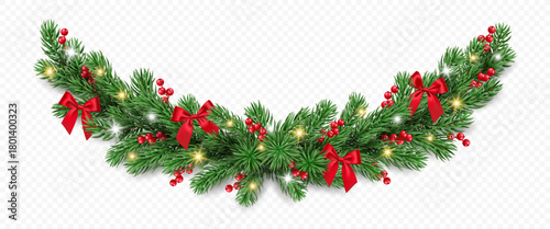 Christmas garland of fir branches, red berries, bows and lights isolated on a transparent background. Vector realistic pine tree branches border for winter decoration banner, poster, greeting card.