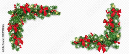 Christmas garland of fir branches, red berries, bows and lights isolated on a transparent background. Vector realistic pine tree branches border for winter decoration banner, poster, greeting card.