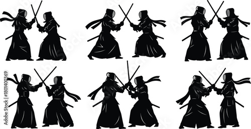 Kendo fighters practicing sword combat, two samurai in protective armor sparring with shinai, traditional Japanese martial arts duel, men facing each other in 