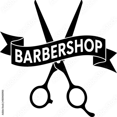 Modern vintage barbershop logo design with scissors and ribbon banner, black and white retro hair salon emblem, minimalist vector