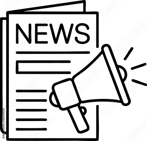 News announcement icon – megaphone and newspaper vector illustration symbolizing communication, journalism, press release, and media updates.