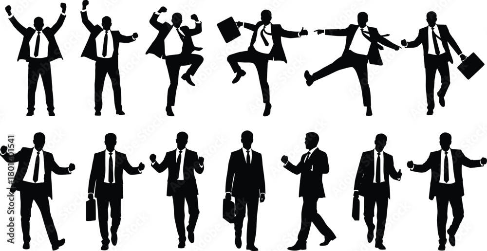 Fototapeta premium Professional businessman silhouettes set, corporate team jumping and walking, success celebration, dynamic office movement, black and white vector, l