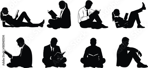 People reading book silhouettes, students and business professionals studying, men and women sitting on floor, relaxed learning and education c