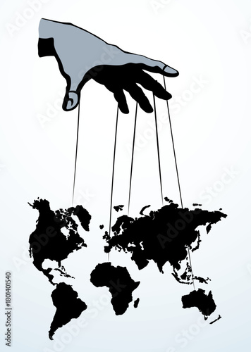 Man hand with a World map. Continents with the contours of the countries. Vector drawing
