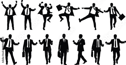 Professional businessman silhouettes set, corporate team jumping and walking, success celebration, dynamic office movement, black and white vector, l