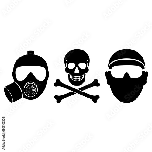 Set of three hazard and safety icons. Gas mask respirator, skull and crossbones, and safety goggles. Toxic danger and protection vector silhouettes.