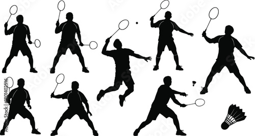 Badminton player silhouettes in action poses, athletes jumping smashing and serving with rackets, shuttlecock flying across court, competitive racket 