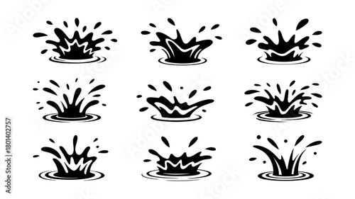 Collection of nine black and white water splash illustrations