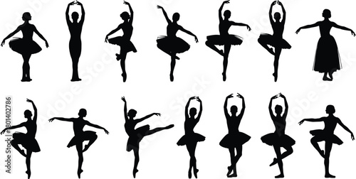 Ballerina dancer silhouettes in elegant poses, classical ballet women performing arabesque pirouette and 