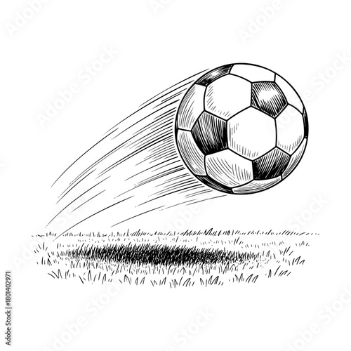 Sketch of a flying soccer ball over grass field. Hand-drawn football in motion. Vintage black and white sport vector illustration. Engraving style.