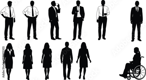 Business people silhouettes standing and walking, office workers men and women in formal clothes, diverse corporate team including person in w