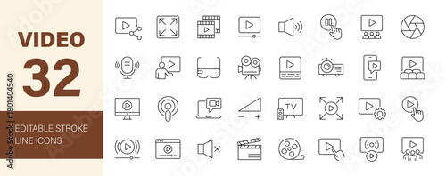 Video icon set. Editable line icons. Vector illustration.