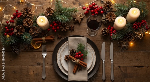 Festive christmas dinner table setting with natural decorations