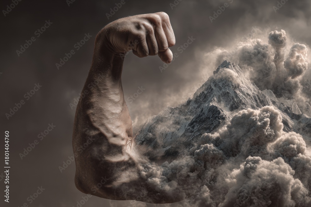 Fototapeta premium A dramatic blend of a muscular outstretched arm transforming into swirling storm clouds against a dark, intense backdrop