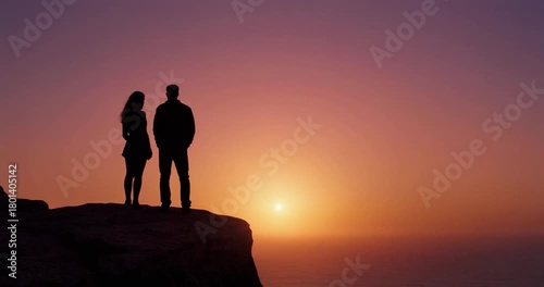 A couple silhouetted on a cliff edge watching a beautiful sunset, celebrating Valentine's Day with a romantic view